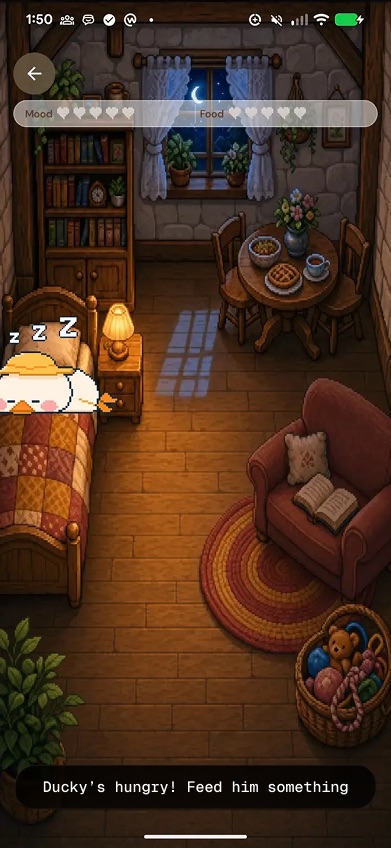 Waddle World's cottage at night: the pet asleep in a patchwork bed, a lit lamp, a laid dinner table and a basket of toys, with mood and food meters at the top.