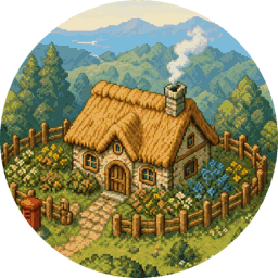 Waddle World's thatched cottage on a green hillside, with a garden, a picket fence and a red mailbox, forest and a lake behind it.
