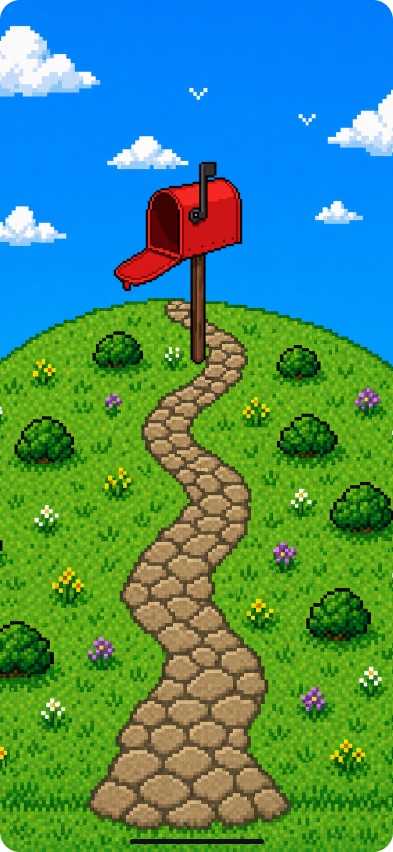 A red mailbox at the top of a grassy hill in Waddle World, reached by a winding stone path.