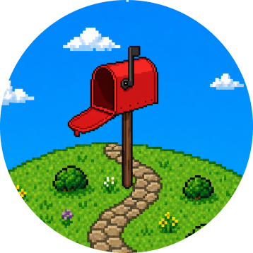 An open red mailbox in a grassy Waddle World landscape, where messages and postcards from your pet arrive.